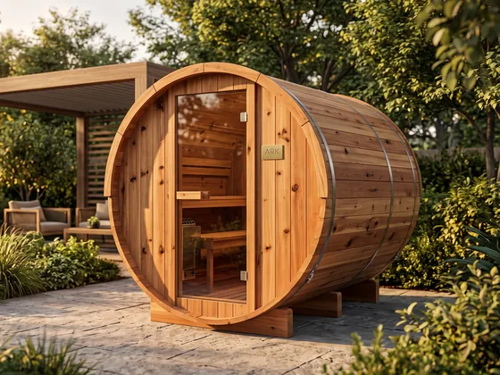 ARK Barrel Sauna for three in natural cedar, with a glass door and a gold ARK plaque, on a stone patio in a garden