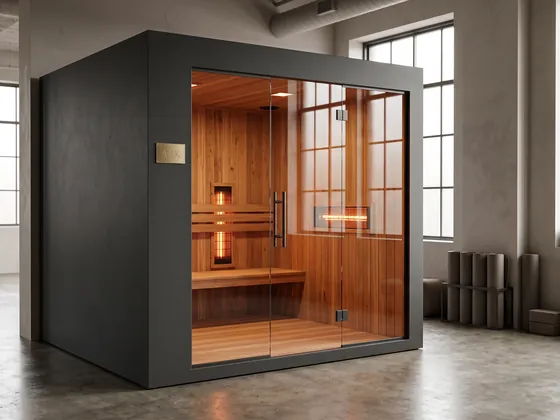 ARK Studio Room in black: a walk-in sauna room with a glass front, a low bench and open floor, in a bright loft