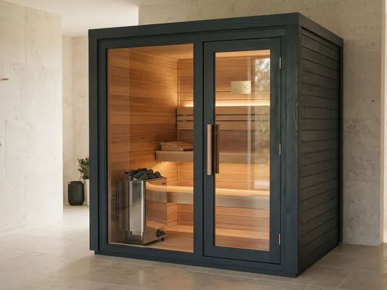 ARK Traditional Dry Sauna for two in black, with double glass doors and an electric stove with stones inside